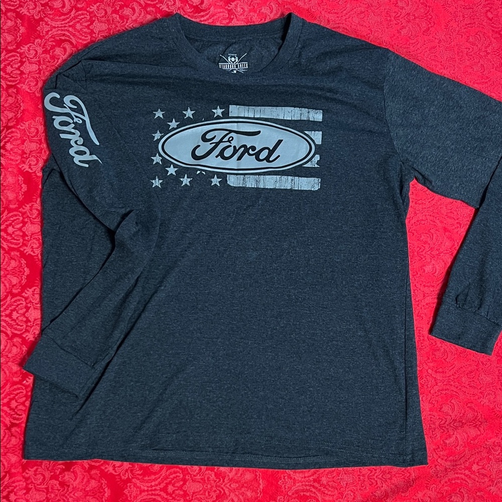 Ford Men’s XL Charcoal Long Sleeve Graphic T-Shirt USA Flag Sleeve